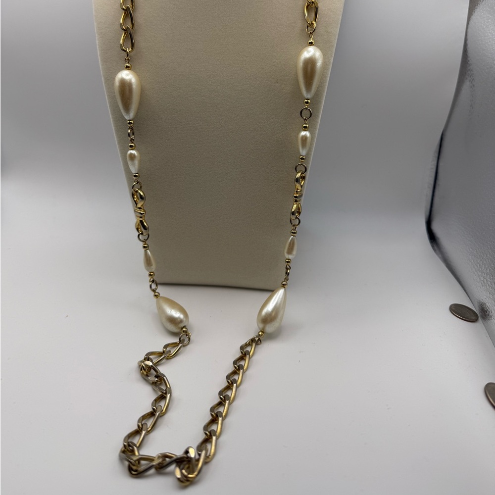 Necklace  Gold Tone Links and Large Pearls 36”, Elegant Estate Coastal,Statement